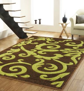 Large Modern Chocolate Brown Lime Green Hand Carved Damask Rugs