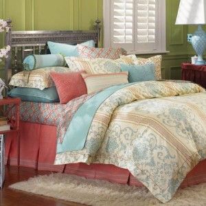 St. Tropez Full Queen Duvet Cover Ivory Coral Blue Lime Green Damask