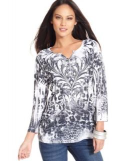 Style&co. Top, Three Quarter Sleeve Printed Henley   Womens Tops