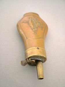 19thC Antique Copper & Brass Powder Flask Hunting Shooting Gamebird
