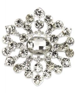 Jones New York Brooch, Silver Tone Crystal Flower Pin Box