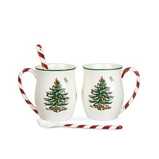 Spode Dinnerware, Set of 2 Christmas Tree Peppermint Mugs with Spoons