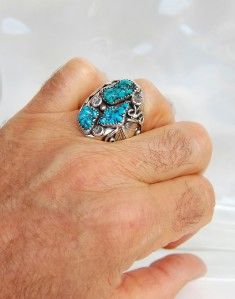 Vintage Navajo Lone Mountain Turquoise Nugget Sterling Mans Ring 10 3