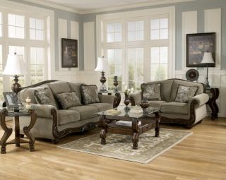 Traditional Sofa & Love Seat Living Room Furniture Set Exposed Wood
