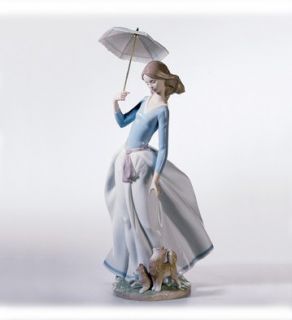Lladro Figurine Girl with Umbreall Strolling with 2 Dogs $680 Brand