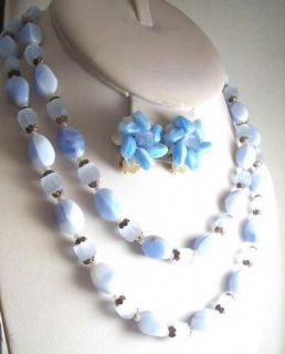 Vintage Blue Satin Glass Necklace Earrings Married Set
