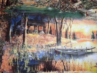 Fall Autumn Woods Trees Cabin Lodge Grass Nature Boat Lake Fabric BTY