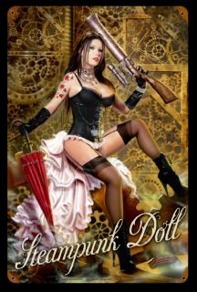 Steampunk Doll Lorenzo Sperlonga Vintage Tin Metal Sign Pinup Girl