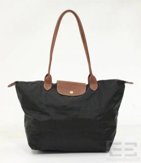 Longchamp Black Nylon Brown Leather Les Pliages Shopping Tote Bag