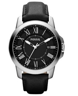 Fossil Watch, Mens Grant Black Leather Strap 44mm FS4745   All