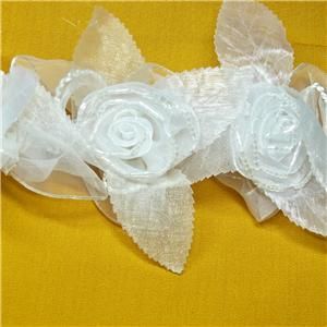 Luscious White Fabric Trim With 2 Organza Roses; 4 Wide Counting