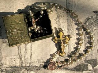 Antique Gold Brass Vintage Catholic Rosary Box Crucifix