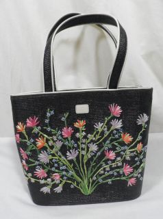 Lulu Guinness Black Woven Textured Tote Bag with Colorful Embroidered