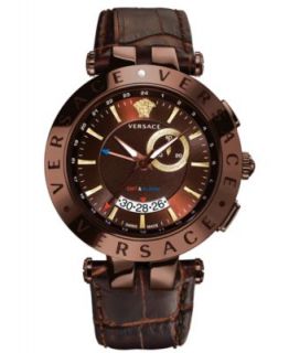 Versace Watch, Unisex Swiss V Race GMT Brown Calfskin Leather Strap