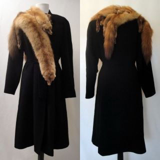 Amazing Vintage 30s 40s Black Wool Fit Flare Swing Dress Coat