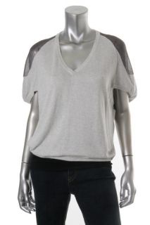 Knits New Gray Colorblock Mesh Shoulder Pullover V Neck Tunic