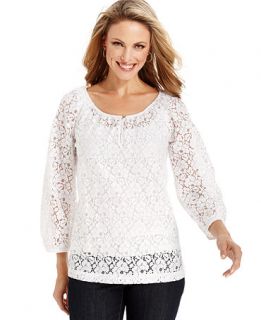 Charter Club Top, Three Quarter Sleeve Lace Scoop Neck   Womens Tops
