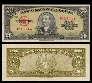 20 Pesos Note Cuba 1958 Antonio Maceo Portrait VF