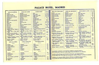 Palace Hotel Madrid Spain Laundry and Pressing Cost Brochure 1950S