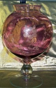 Cranberry Bubble Glass Vase 8 Tall Pretty Pink Etched Floral EUC