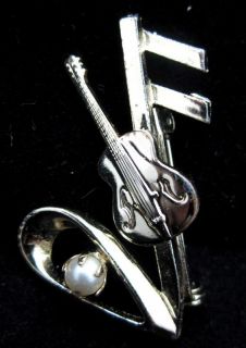 Clef Guitar Gold Plated Faux Pearl Brooch Pin Signed Mamselle