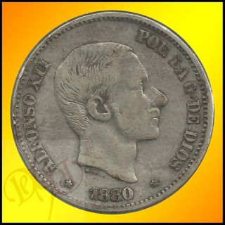 Spain Philippines 50 Centimos de Peso 1880 Alfonso XII Silver Coin