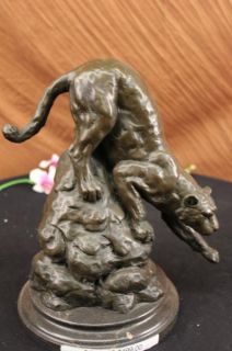 Barye Mountain Lion on A Rock Bronze Figurine Art Deco Marble Base