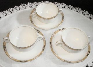 Set Of 3 Antique Two Handle Tea Cups & Saucers   K.T.& K. China P.C.B.