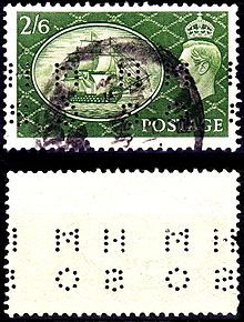 1951 perfin stamp of Great Britain showing front (top) and reverse