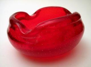 Vintage Italian Murano Ruby Red Bullicante Art Glass Bowl Mid Century