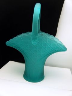 Vintage Teal Blue Satin Glass Basket Innovation L E Smith