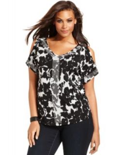 INC International Concepts Plus Size Top, Short Sleeve Printed Studded