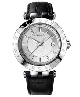 Versace Watch, Mens Swiss V Race Black Calfskin Leather Strap 42mm