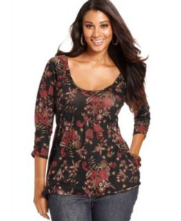 Lucky Brand Jeans Plus Size Top, Three Quarter Sleeve Printed Cutout