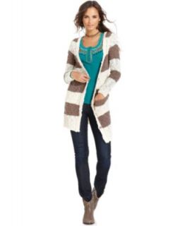 Lucky Brand Jeans Sweater, Long Sleeve Hooded Sheer Striped Cardigan