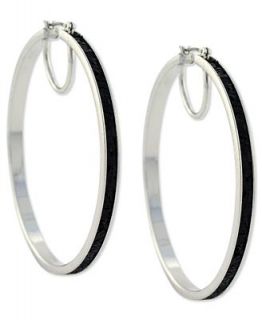 Jessica Simpson Earrings, Silver tone Black Glitter Hoop Earrings