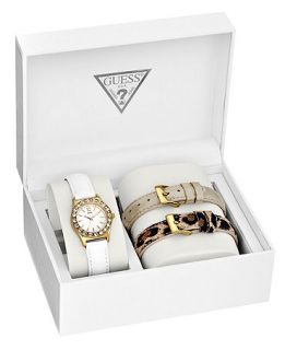 GUESS Watch, Womens White Patent, Leopard Print and Metallic Gold
