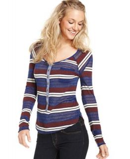 Free People Top, Long Sleeve Scoop Neck Sparkle Striped Henley
