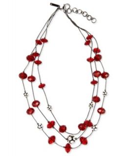 Nine West Necklace, Hematite Tone Red Stone Fireball 3 Row Necklace