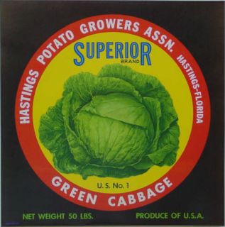Superior Cabbage Vegetable Crate Label Hastings FL