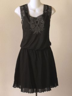 Matty M Black Floral Embroidered Cotton Blouson Peasant Dress M