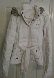 Hollister White Down Coat Parka L Womens Hooded Belted Jrs