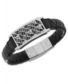Emporio Armani Mens Bracelet, Black Leather Polished Steel Illusion
