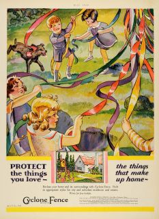 1929 Ad Cyclone Fence House Maypole Dance Game Dog Home Improvement