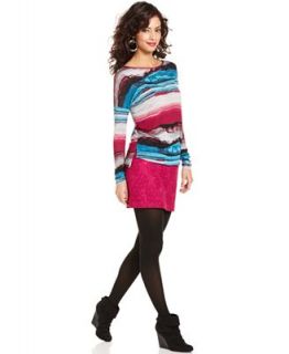 Kensie Long Sleeve Watercolor Striped Top & Floral Lace Mini Skirt
