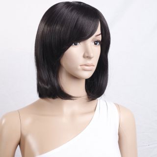 New 15 8 inch Medium Turnup Side Bang Hair Wig Black Cosplay Wig