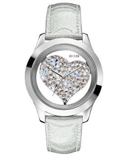 GUESS Watch, Womens Silver Tone Glitter Leather Strap 43mm U0113L1