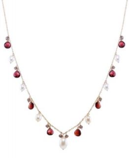 14k Gold Necklace, Cultured Freshwater Pearl (7 8mm) and Garnet (10 ct