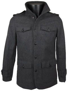 Mens Full Zip Melton Grey Military Jacket Wool Blend