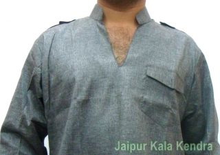 Indian Mens Short Cotton Royal Self Pattern Dark Gray Color Kurta